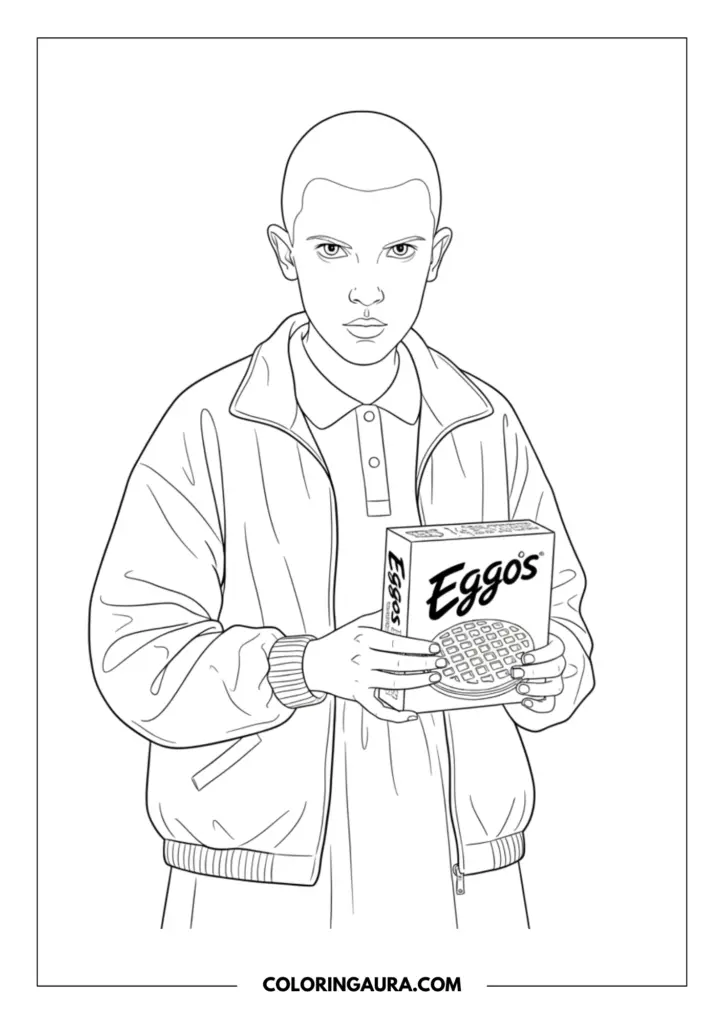 Line art coloring page showing Eleven from Stranger Things with an intense expression, holding a box of Eggo waffles. She has her signature shaved head and is wearing a collared shirt under a retro windbreaker jacket, all drawn in a crisp, black-and-white outline style