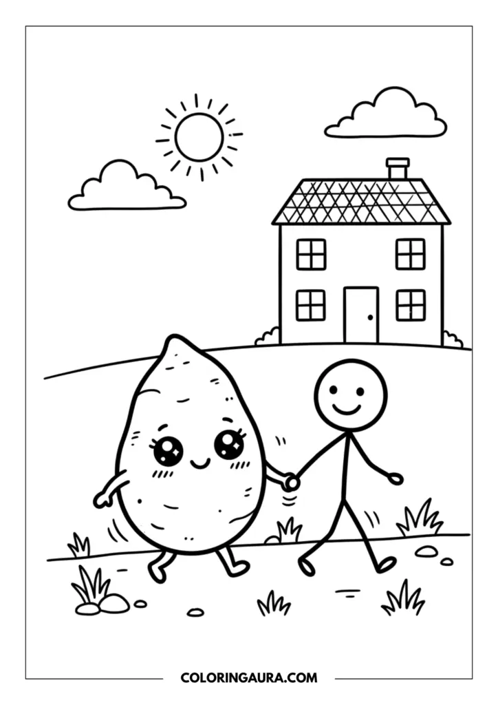 Line art coloring page showing a cute sweet potato with big sparkly kawaii eyes, holding hands with a simple stick-figure person. In the background, there's a charming two-story house, a smiling sun, and fluffy clouds.