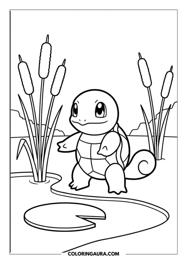 Line art coloring page showing Squirtle standing by a calm pond with a lily pad in the water and tall cattails growing on the shore.