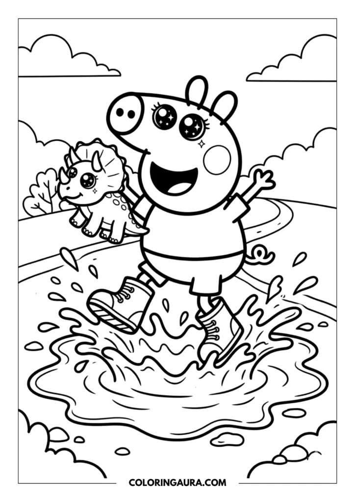Line art coloring page showing Peppa Pig with big sparkle eyes jumping joyfully into a muddy puddle while holding her favorite toy dinosaur under a sky of soft clouds.