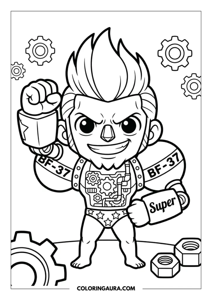 Line art coloring page showing a muscular chibi Franky striking his famous "Super" pose, surrounded by mechanical gears and bolts with a bold smile.
