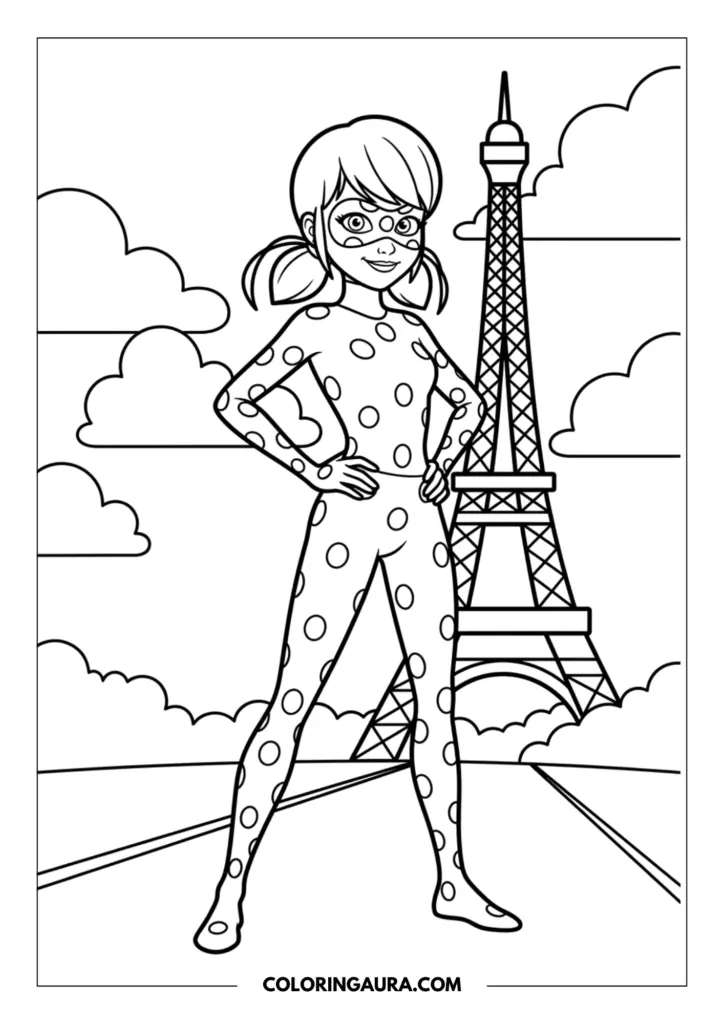 : Line art coloring page showing Ladybug standing heroically with her hands on her hips, wearing her signature spotted superhero suit and mask with the Eiffel Tower and soft clouds in the background.
