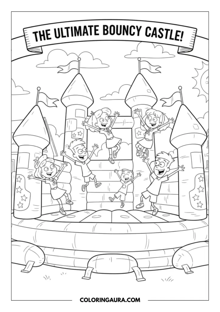 Outline of a joyful group of kids, including two brothers and their friends, happily jumping inside a magnificent giant bouncy castle with tall turrets and waving flags beneath a bright, sunny sky.