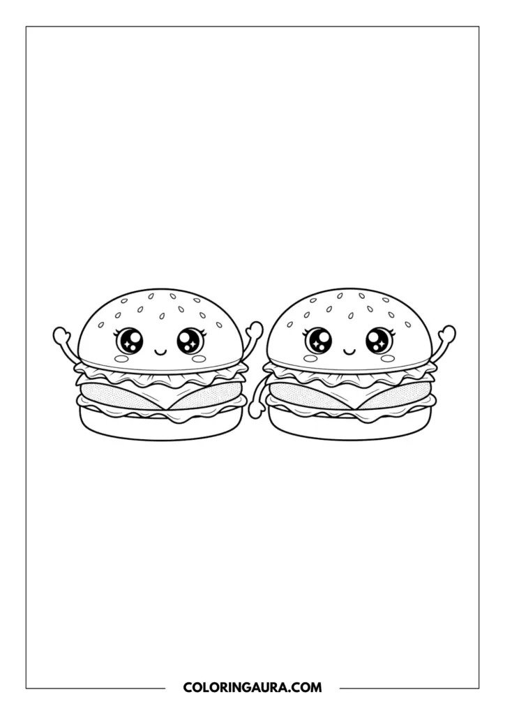 Line art coloring page showing two adorable kawaii burgers standing side-by-side. Both feature sweet smiling faces with big sparkling anime-style eyes, lovely blushing cheeks, and tiny arms raised up cheerfully in the air to greet you.