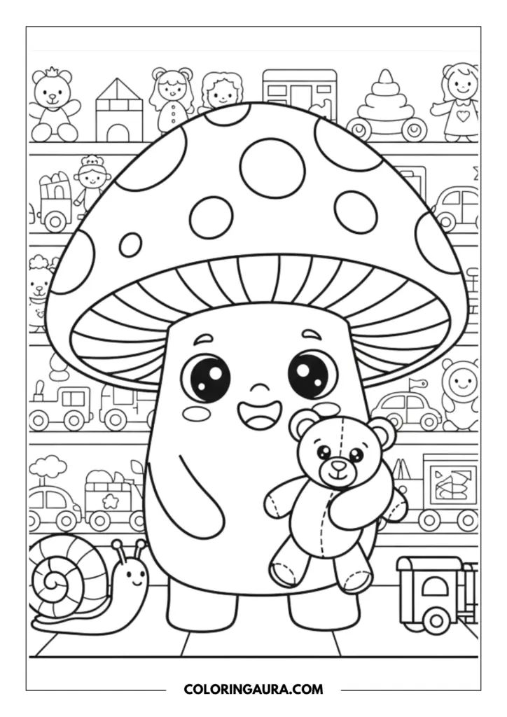 Line art coloring page showing a cute mushroom character with big sparkle eyes hugging a plush teddy bear inside a whimsical toy store, surrounded by shelves of toys and a smiling snail companion.