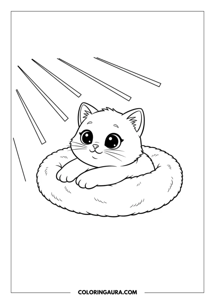 Line art coloring page showing an adorable little kitten resting comfortably inside a fluffy, round pet bed. Bright sun rays are beaming down from the top left corner, illuminating the dreamy scene with bold, clean, and simple outlines.