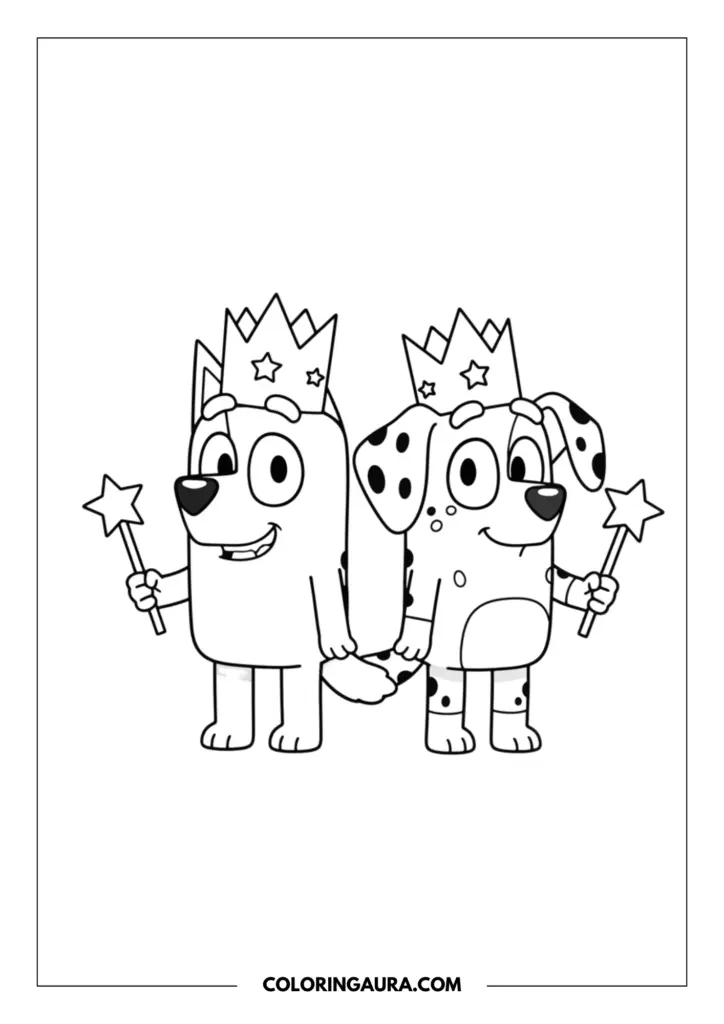 Line art coloring page showing Bluey and her sweet Dalmatian friend Chloe dressed up as magical princesses. Both pups are standing together wearing star-decorated crowns and holding beautiful star-topped wands in a clean, unshaded style perfect for mindful coloring.