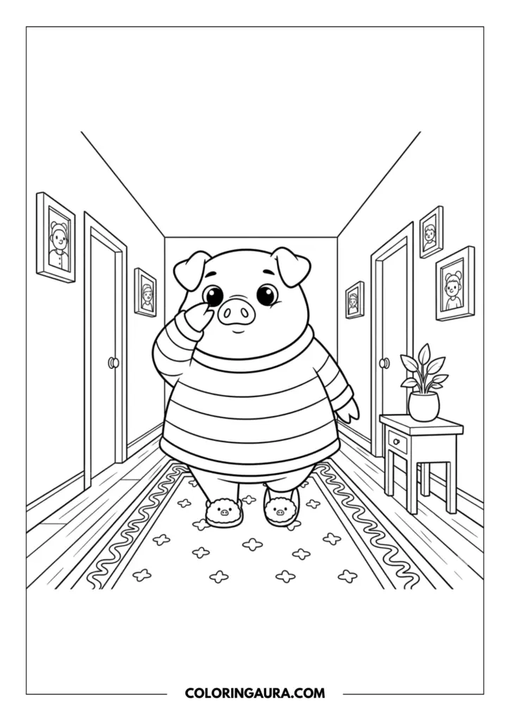 Line art coloring page showing a cute cartoon pig rubbing its sleepy eye in a hallway. The lovely pig is wearing a long-sleeved striped shirt and fluffy sheep slippers, standing on a cute patterned runner rug with framed pictures decorating the walls.