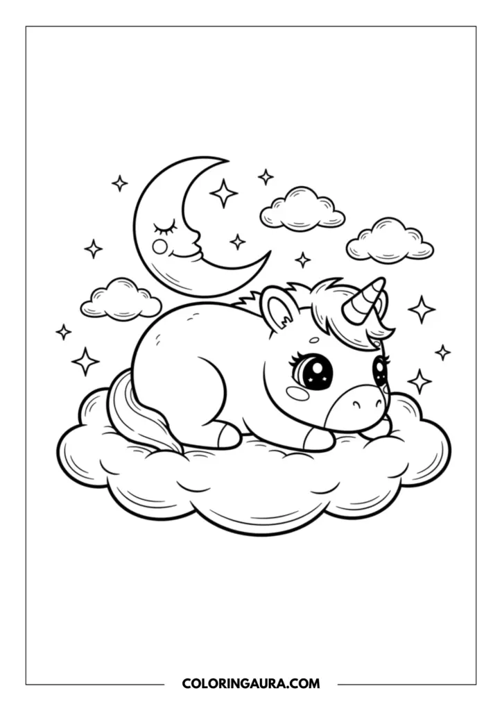 Line art coloring page showing a very cute baby unicorn with big sparkly eyes sleeping peacefully on a fluffy cloud. Above the unicorn rests a smiling crescent moon and simple, glowing stars, all captured in a clean, black-and-white outline style perfect for coloring