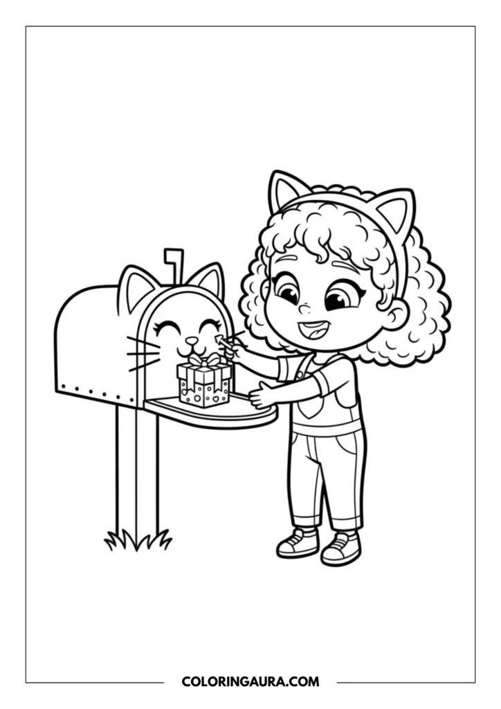 Outline of Gabby from Gabby's Dollhouse wearing her signature cat ear headband and overalls. She is smiling brightly as she opens the friendly, cat-shaped Meow-Meow Mailbox, revealing a beautifully wrapped surprise gift inside. The clean, bold lines capture the spark of her joyful discovery.