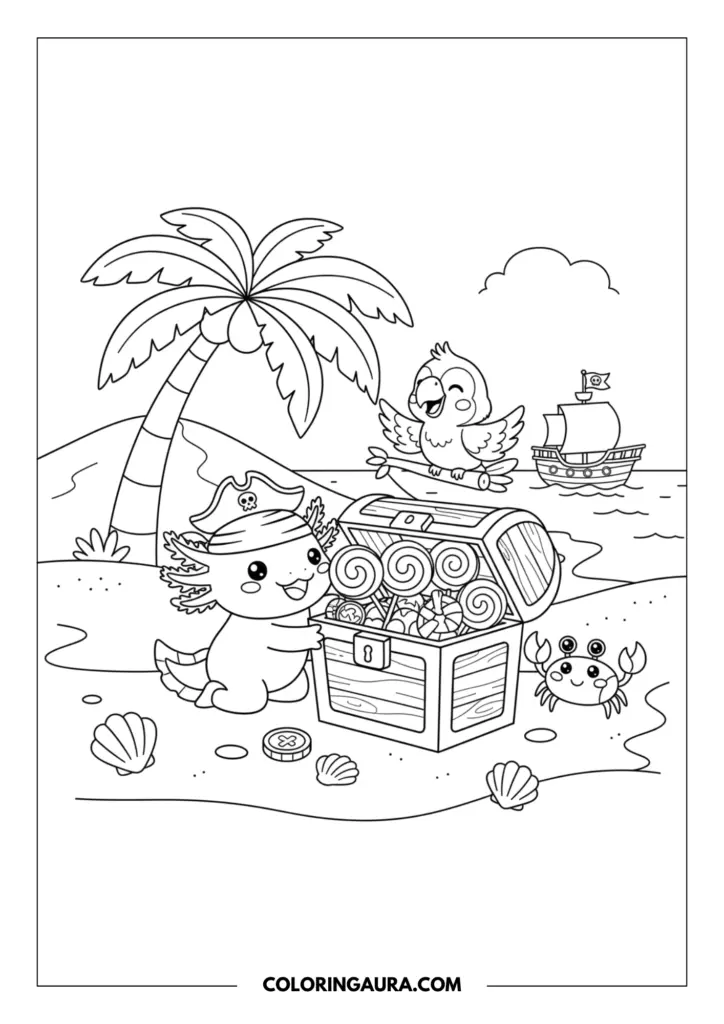 Line art coloring page showing a cute pirate axolotl wearing a skull-and-crossbones hat and bandana, happily opening a treasure chest overflowing with giant lollipops and wrapped candies. A cheerful parrot sits on a driftwood branch, and a smiling crab rests on the sandy beach. The background features a tall palm tree, scattered seashells, and a simple pirate ship sailing on the wavy ocean. Clean, thick outlines in a simple kawaii style.
