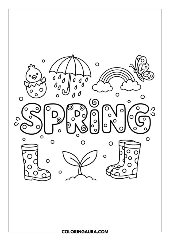 Line art coloring page showing a bright spring doodle collage. The word "SPRING" is placed in the center in playful bubble letters, surrounded by cute outlines of a hatching chick, an open umbrella with raindrops, a beautiful rainbow, a happy butterfly, patterned rain boots, and a growing plant sprout.