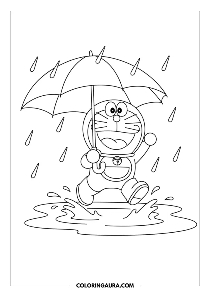 Outline of Doraemon splashing playfully in a rain puddle. He is wearing cute little rain boots and holding a large open umbrella, surrounded by simple falling raindrops. Crisp, clear, unshaded line art waiting for your colors.