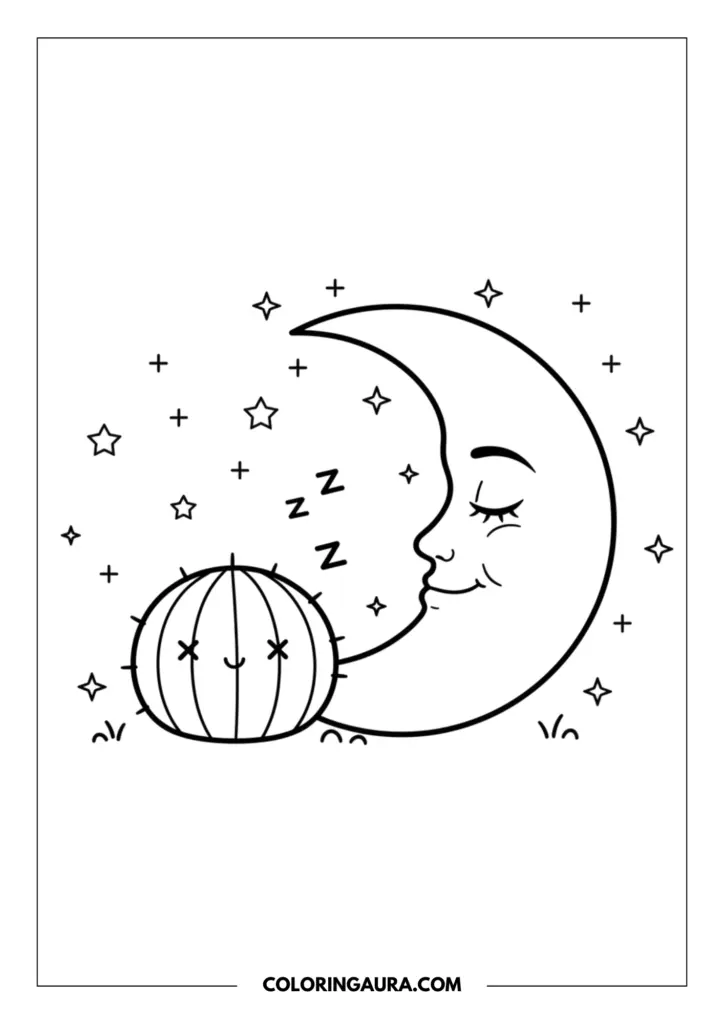 Line art coloring page showing a serene crescent moon with a gentle smile sleeping beside a small, round cactus. The night sky is filled with twinkling stars and soft letter Z symbols to represent sweet dreams.