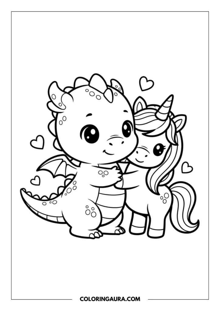 Outline of a sweet baby dragon and a tiny unicorn sharing a warm hug, surrounded by small floating hearts in a magical composition.