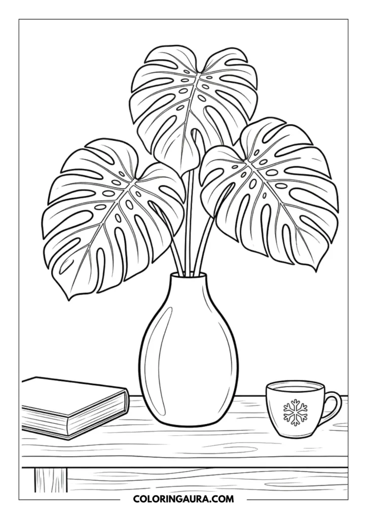 Outline of three large monstera leaves in a simple ceramic vase sitting on a wooden desk next to a book and a tiny tea cup.