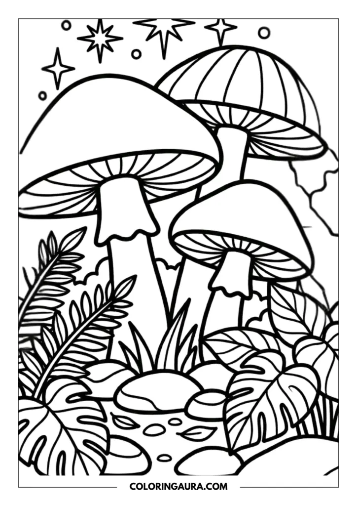 Outline of three large mushrooms in a whimsical forest clearing surrounded by ferns and tropical leaves under a night sky with bright stars.