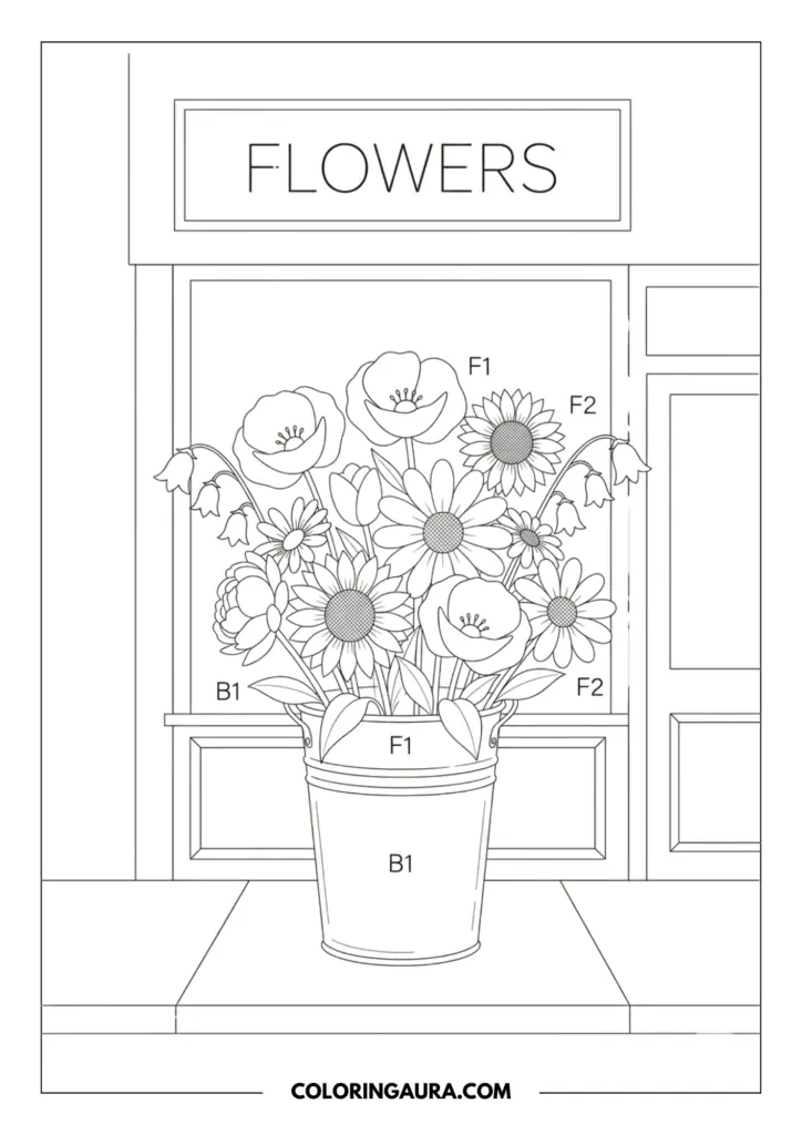 Line art coloring page showing a large metal bucket overflowing with sunflowers, poppies, and daisies sitting on a sidewalk in front of a shop window with a "FLOWERS" sign.