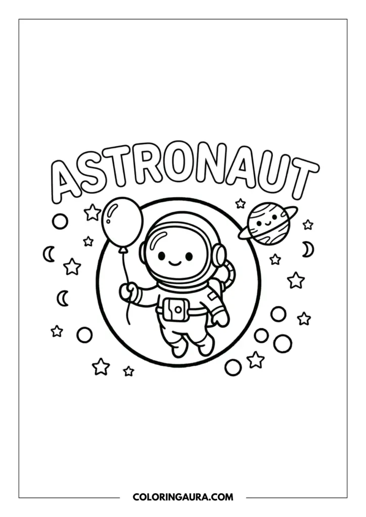 Line art coloring page showing a tiny, cute astronaut floating in a celestial circle while holding a balloon, with stars and a small planet nearby.