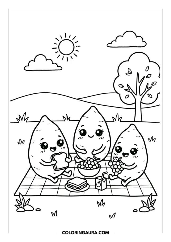 Line art coloring page showing three happy sweet potatoes with big sparkly kawaii eyes, having a picnic on a checkered blanket in a park. They are eating sandwiches and grapes, with a drink box nearby. A tree, sun, and clouds are in the background.