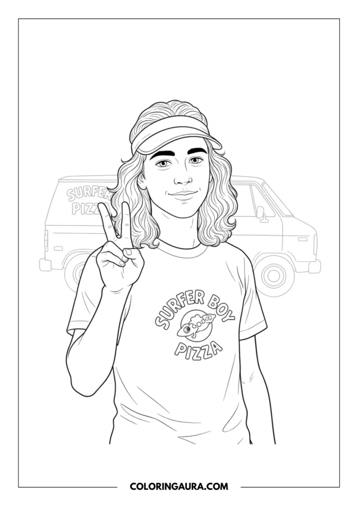 Line art coloring page showing Argyle from Stranger Things flashing a peace sign. He has long wavy hair and is wearing a visor and a Surfer Boy Pizza t-shirt, with his delivery van softly outlined in the background, drawn in crisp, black-and-white vector style.