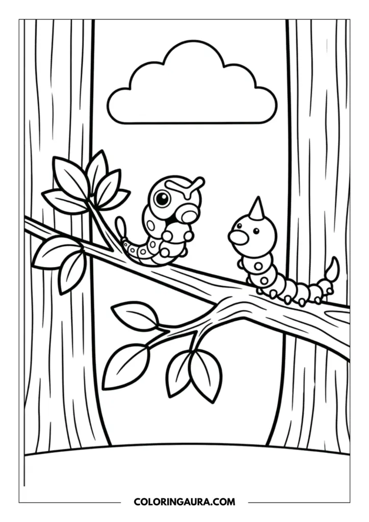 Line art coloring page showing the Pokemon Caterpie and Weedle resting on a leafy tree branch in a simple forest setting with thick tree trunks and a single fluffy cloud.