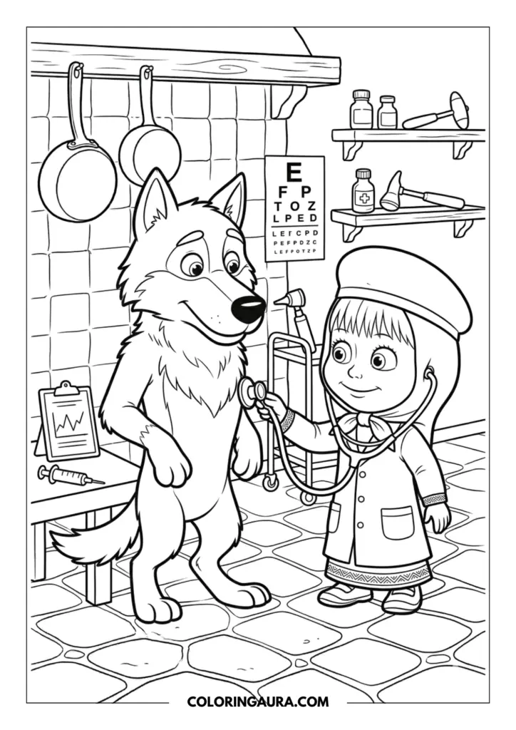 Outline of Masha dressed as a doctor with a white coat and hat using a stethoscope on a tall wolf. The medical room features a chart, a syringe, and shelves with medicine.