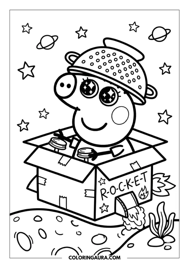 Outline of Peppa Pig sitting inside a cardboard box rocket ship wearing a colander as a helmet and imagining a journey through the stars.