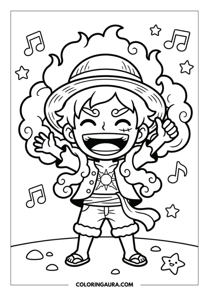 Line art coloring page showing Gear 5 Luffy laughing joyfully with fluffy hair and a straw hat, surrounded by floating musical notes and stars.