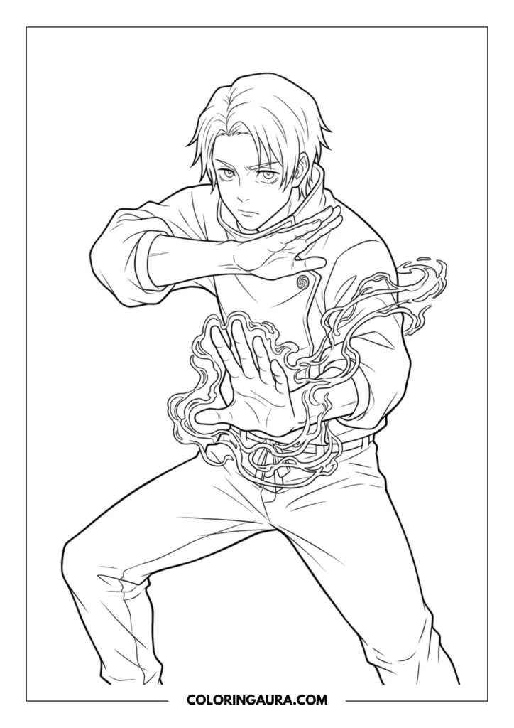 Line art coloring page showing Toge Inumaki from Jujutsu Kaisen with snake-and-fang seals on his cheeks and neck, wearing his high-collar uniform with smoke-like energy at his feet.