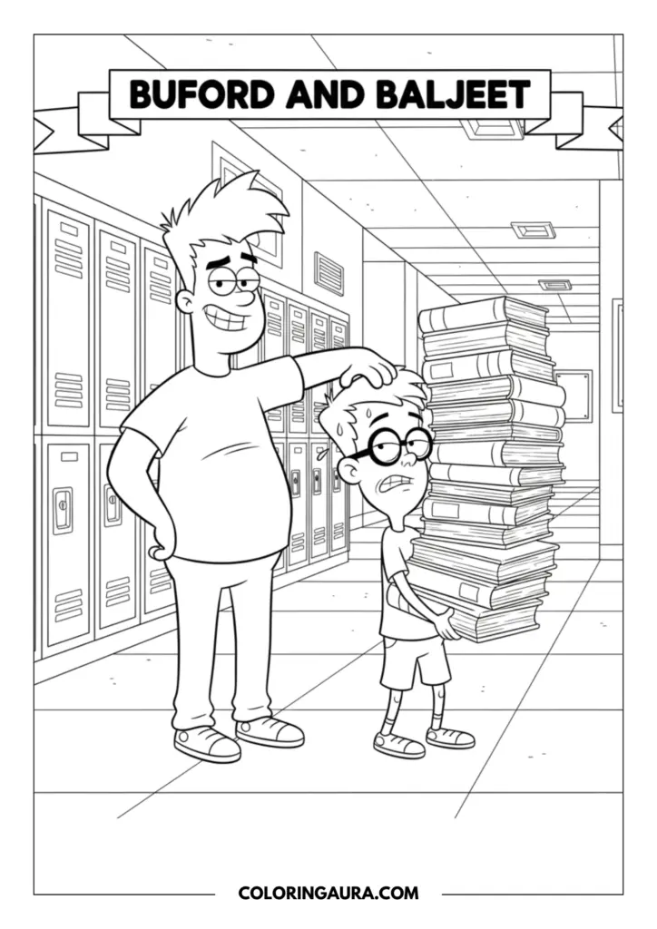 Line art coloring page showing a big boy resting his hand playfully on his smaller friend's head, who is struggling to carry a gigantic stack of books down a school hallway filled with lockers.