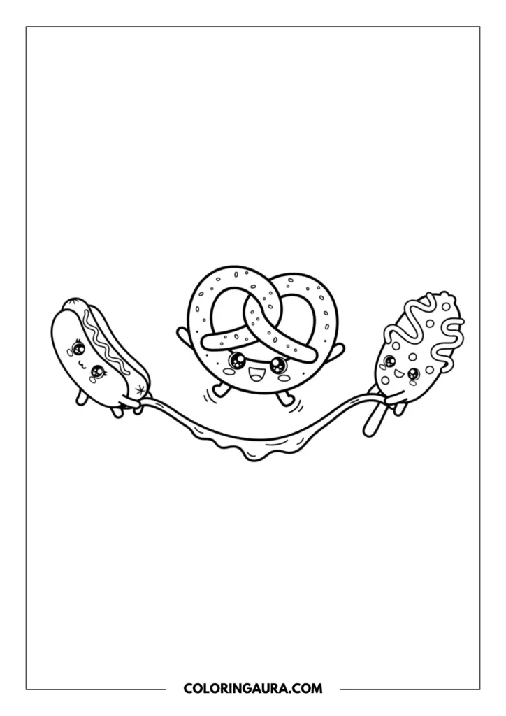 Outline of a joyful kawaii pretzel happily jumping over a gooey rope. The fun rope is held by adorable friends: a cheerful hot dog and a sweet, chocolate-drizzled popsicle. They all have big sparkling eyes and warm smiles.