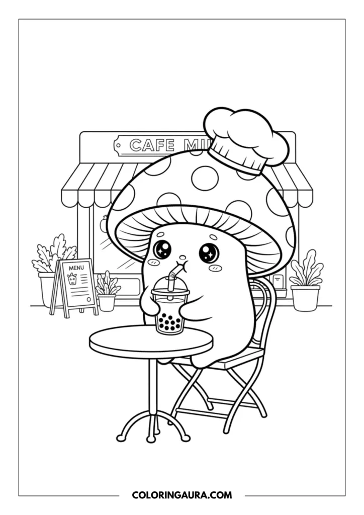 Line art coloring page showing a cute mushroom character with big sparkle eyes wearing a little chef's hat, sitting at an outdoor cafe table and happily drinking a large boba milk tea.