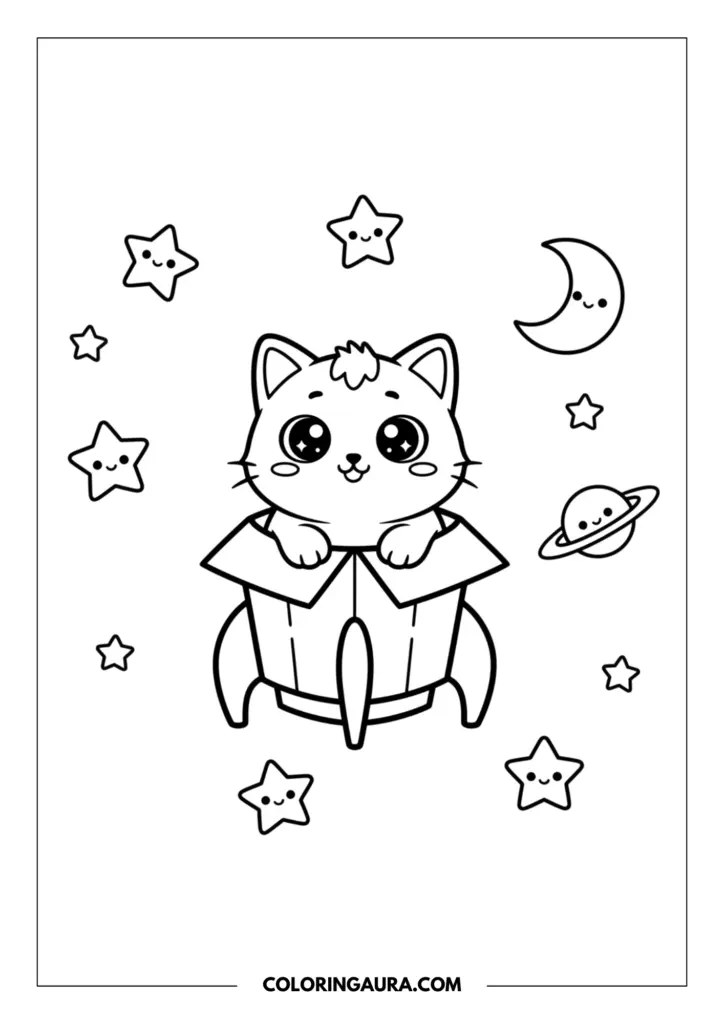 Line art coloring page showing a playful kitten sitting in a cardboard box folded to look like a space rocket. The dreamy scene includes floating stars, a smiling moon, and a cute happy planet with a ring, using bold and simple lines.