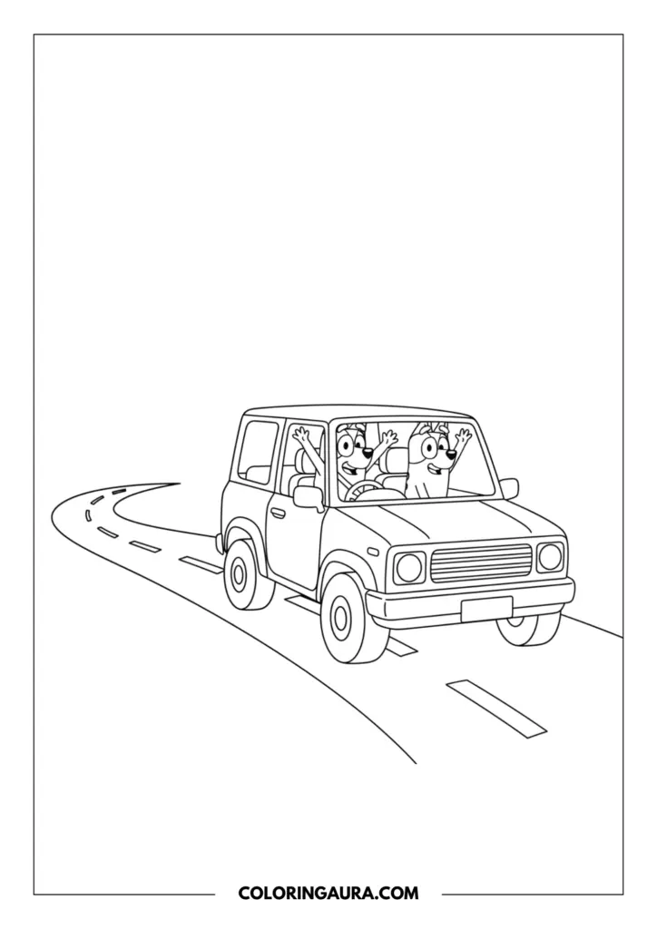 Outline of Bluey and Bingo happily waving from the windows of their family's boxy 4x4 car as it drives down a peaceful, winding road. This clean, unshaded black-and-white drawing invites you to take your imagination on a beautiful journey.