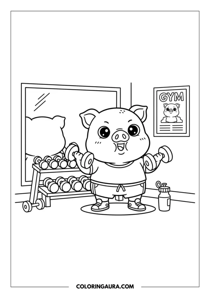 Line art coloring page showing a strong cartoon pig working out in a gym, lifting two dumbbells with a determined expression. The sweating pig is standing on a mat in front of a large mirror, with a dumbbell rack, a water bottle, and a gym poster decorating the room.