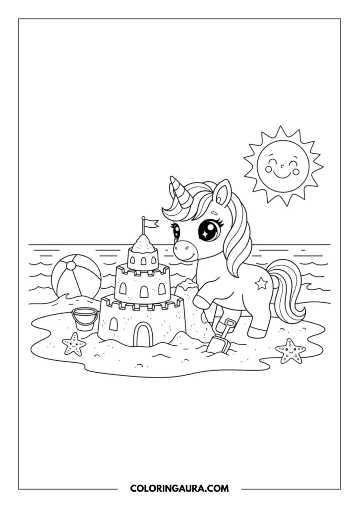 Line art coloring page showing a cute baby unicorn with big sparkly eyes building a magnificent sandcastle on the beach. The sunny scene includes a smiling sun, ocean waves, a beach ball, a bucket with a shovel, and happy little starfish.
