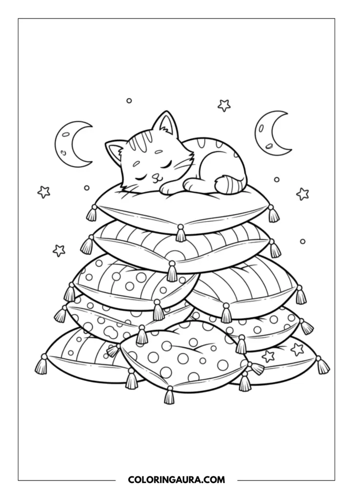 Line art coloring page showing Pillow Cat from Gabby's Dollhouse sleeping peacefully on top of a tall, beautiful stack of decorated pillows. The dreamy scene is surrounded by gentle stars and crescent moons, ready to be filled with soft, comforting colors.