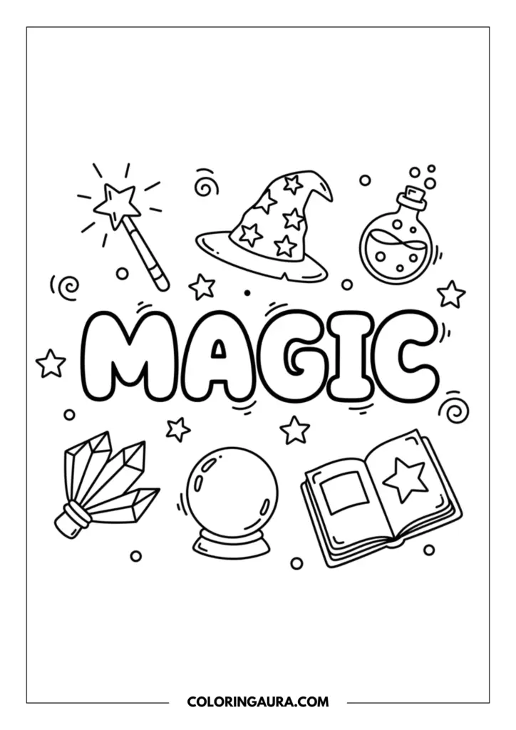 Outline of a mystical magic doodle collage. The word "MAGIC" sits in the middle in thick bubble letters, surrounded by simple line art of a glowing wand, a starry wizard hat, a bubbling potion bottle, floating crystals, a round crystal ball, and an open spellbook.