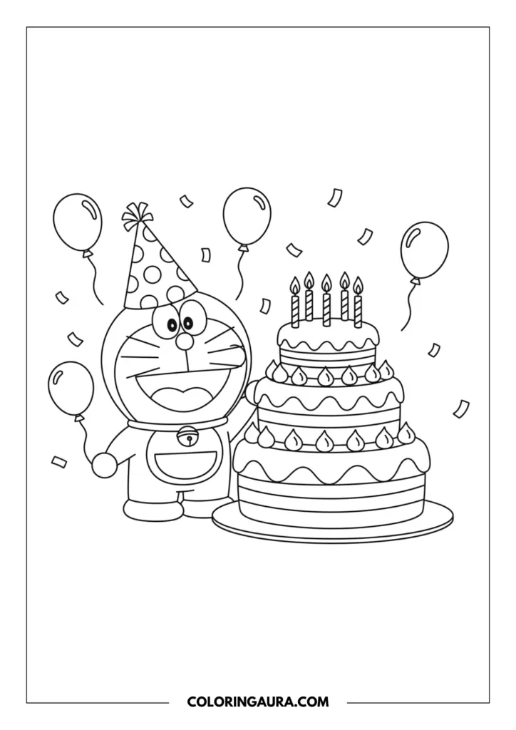 Line art coloring page showing Doraemon celebrating a happy birthday. He is wearing a polka-dot party hat and holding a balloon, standing next to a magnificent three-tier birthday cake topped with glowing candles. Floating balloons and confetti fill the pure white background.