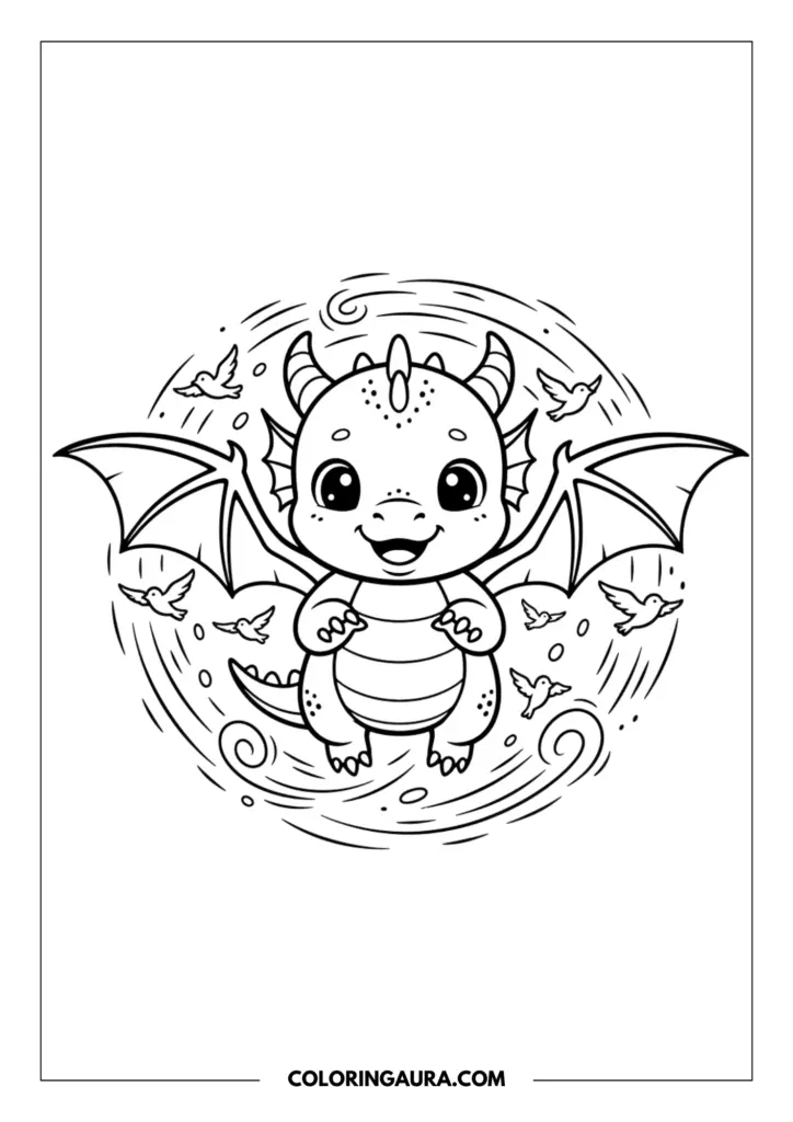 Line art coloring page showing a happy baby dragon with wide-open wings flying in the sky, surrounded by tiny birds and swirling wind patterns.