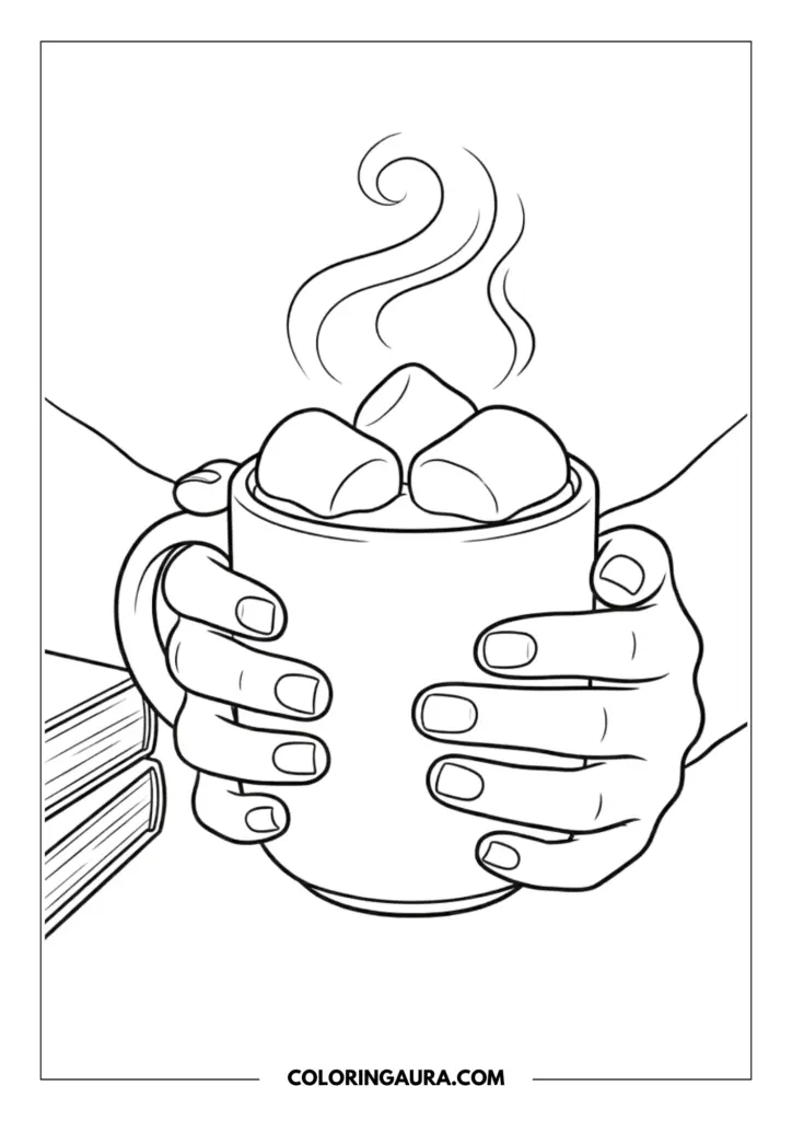 Line art coloring page showing two hands holding a large steaming mug filled with fluffy marshmallows next to a stack of cozy books.