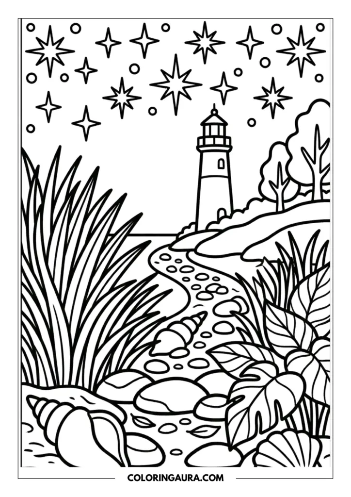 Line art coloring page showing a tall lighthouse on a rocky shore under a sky filled with bold stars, with sea shells and tall grass in the foreground.
