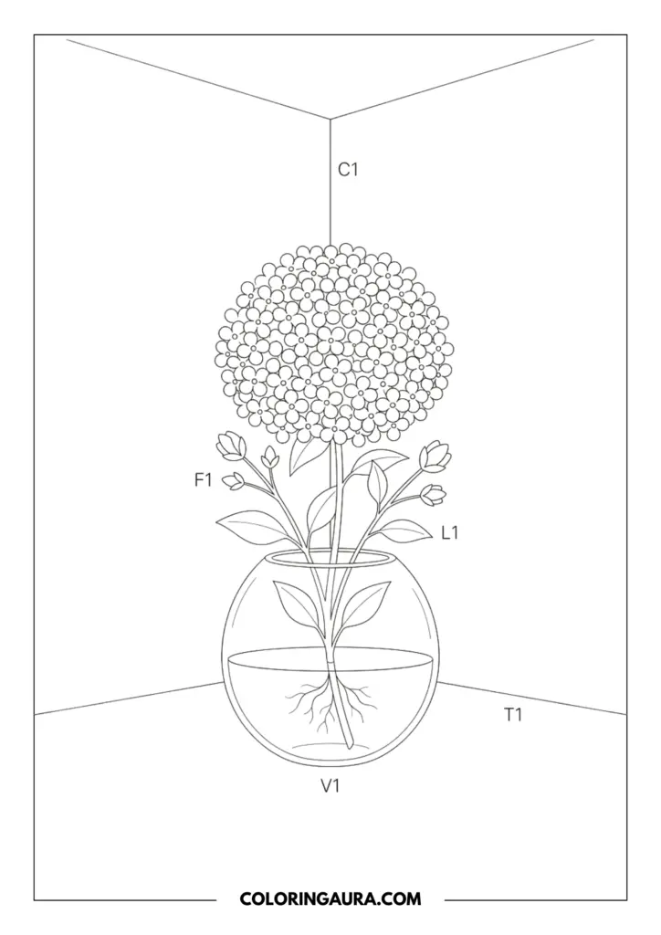 Line art coloring page showing a large, fluffy hydrangea bloom in a round glass fishbowl vase with its roots visible in the water, positioned in a quiet room corner.