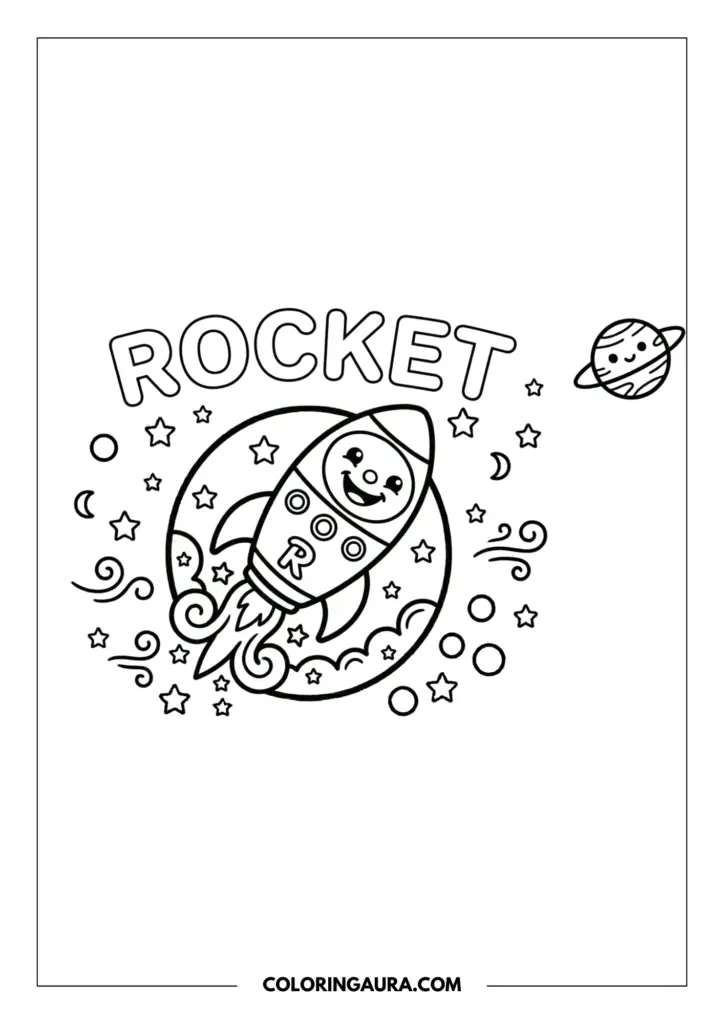 Line art coloring page showing a happy rocket ship with a smiling face and the letter R blasting through space, surrounded by a ringed planet, stars, and cosmic swirls.