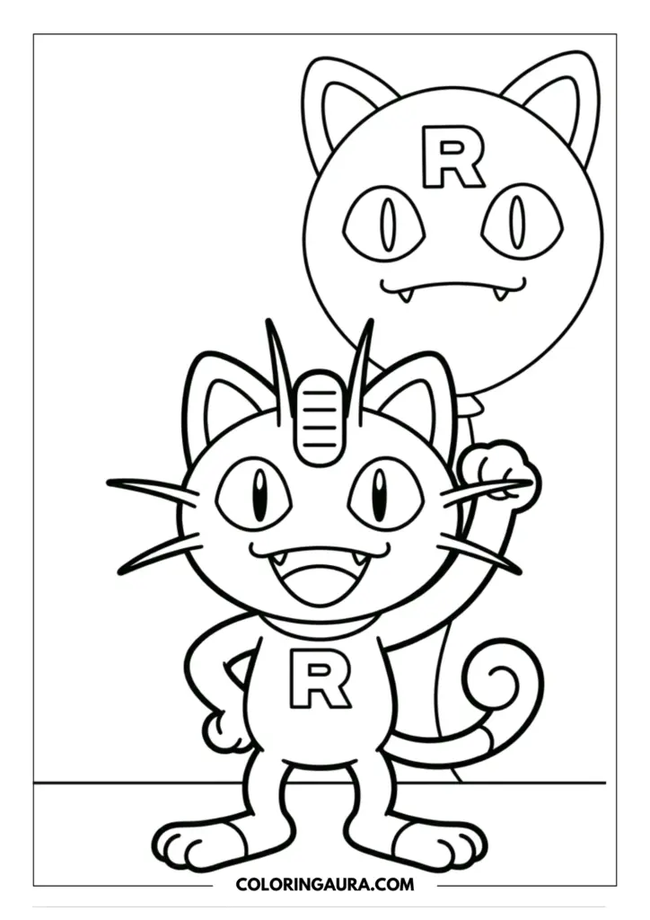 Line art coloring page showing Meowth wearing a Team Rocket shirt and posing confidently in front of a giant Meowth-shaped hot air balloon.