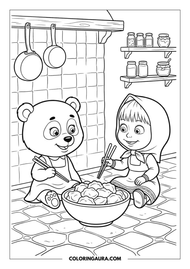 Line art coloring page showing Masha and a cute Panda sitting on a tiled floor eating a large bowl of dumplings with chopsticks in a cozy kitchen setting.