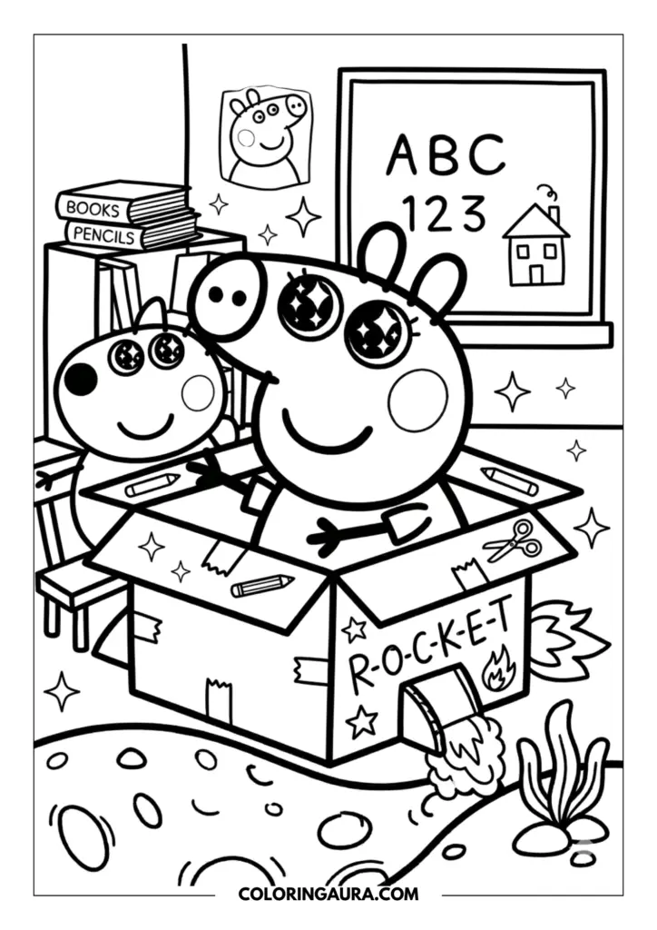 Outline of Peppa Pig and George Pig with sparkling eyes sitting in a cardboard box rocket ship inside a classroom filled with books and wonder.