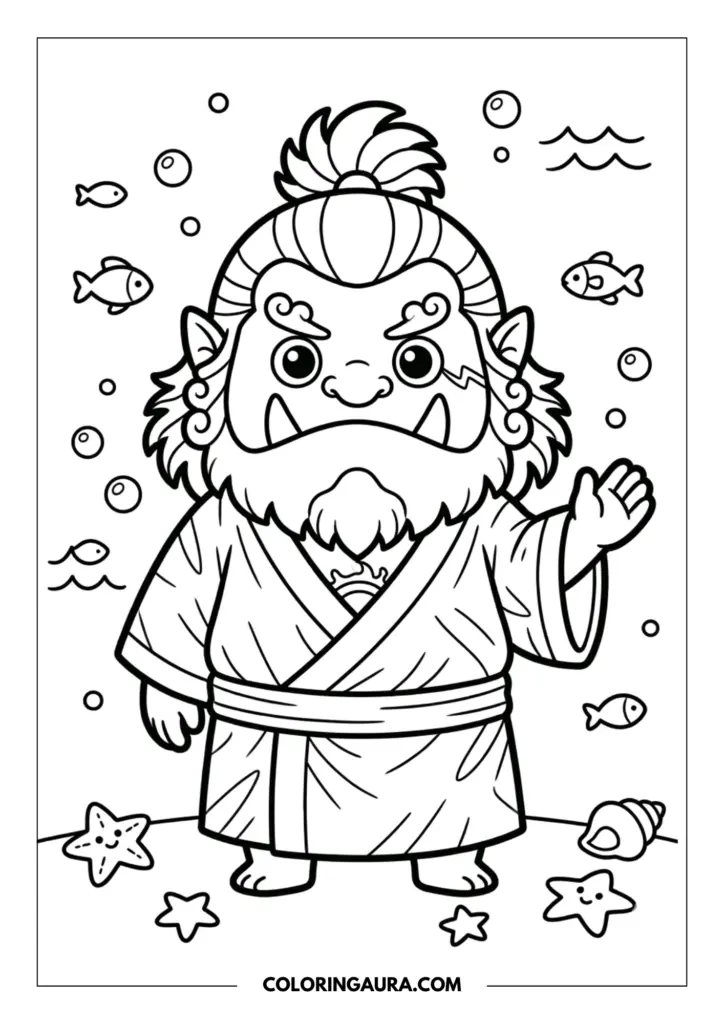 Line art coloring page showing a cute chibi Jinbe the whale shark fish-man wearing a traditional kimono, standing underwater surrounded by bubbles, small fish, and starfish on the sea floor.