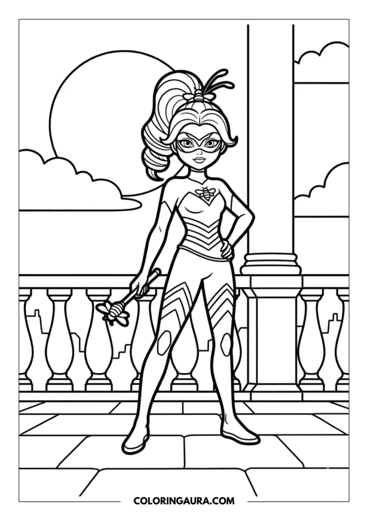 Outline of Queen Bee posing confidently on a grand balcony with her spinning top weapon, featuring a large sun and pillars in the background.